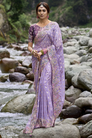 Creative Embroidered Work On Saree In Lavender Color Fancy Silk Fabric