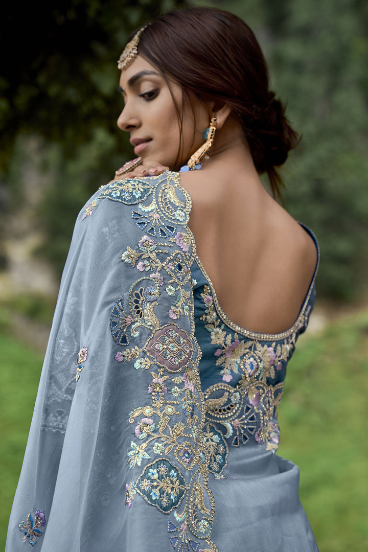 Solid Fancy Silk Fabric Embroidered Work On Saree In Light Cyan Color
