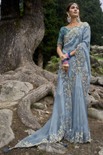 Load image into Gallery viewer, Solid Fancy Silk Fabric Embroidered Work On Saree In Light Cyan Color
