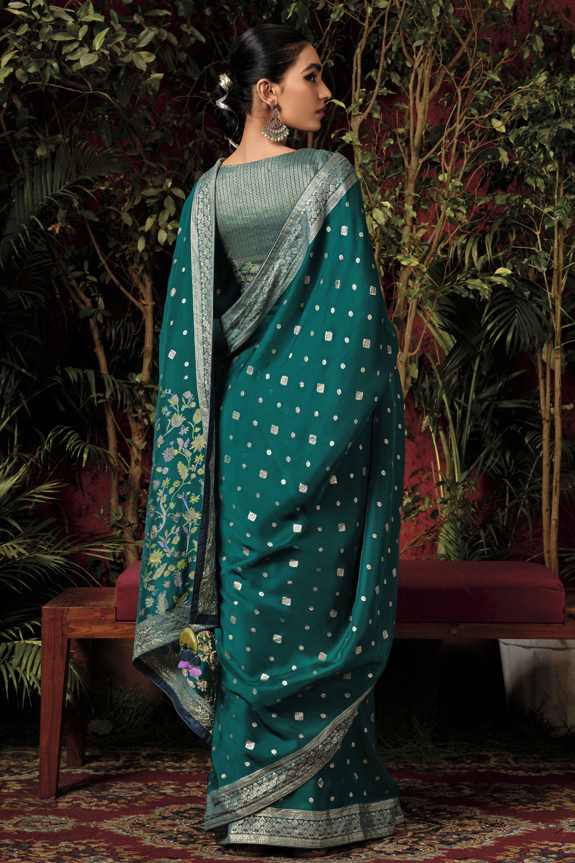 Weaving Designs On Viscose Silk Teal Color Function Wear Saree