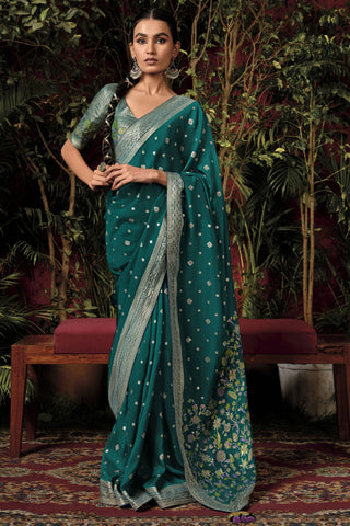 Weaving Designs On Viscose Silk Teal Color Function Wear Saree