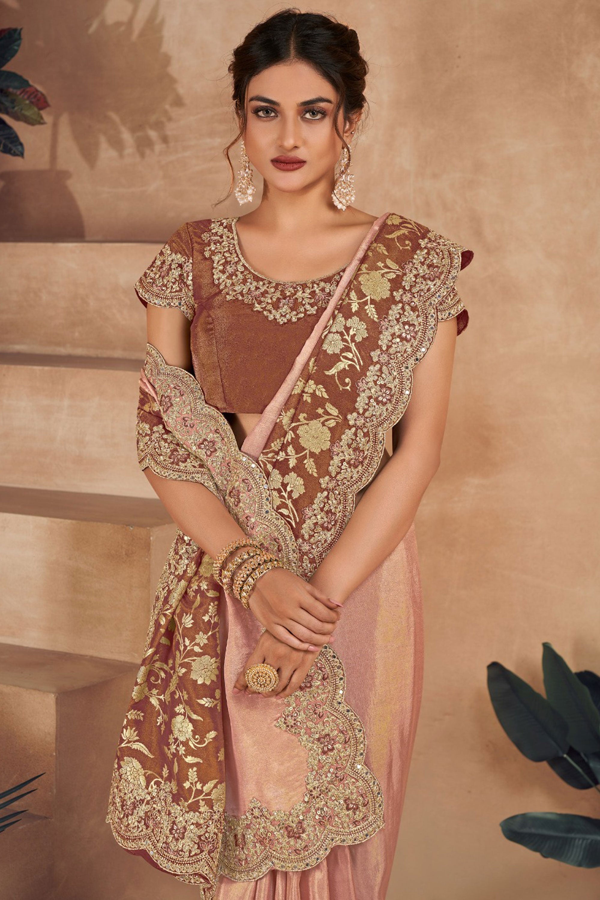 Appealing Embroidered Designs On Art Silk Fabric Saree In Peach Color