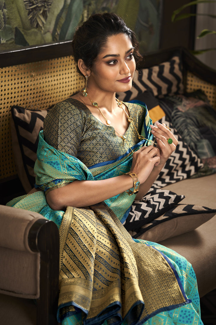 Appealing Weaving Designs On Festive Look Art Silk Saree In Cyan Color | Buy Online India