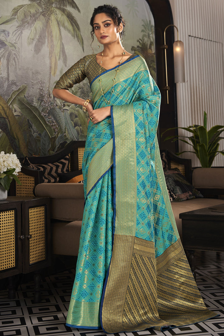 Appealing Weaving Designs On Festive Look Art Silk Saree In Cyan Color | Buy Online India