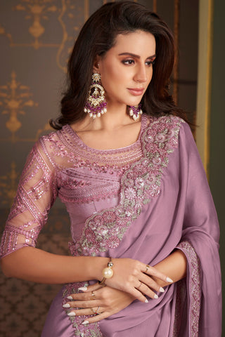 Larissa Bonesi Traditional Border Work Lavender Color Saree In Satin Silk Fabric