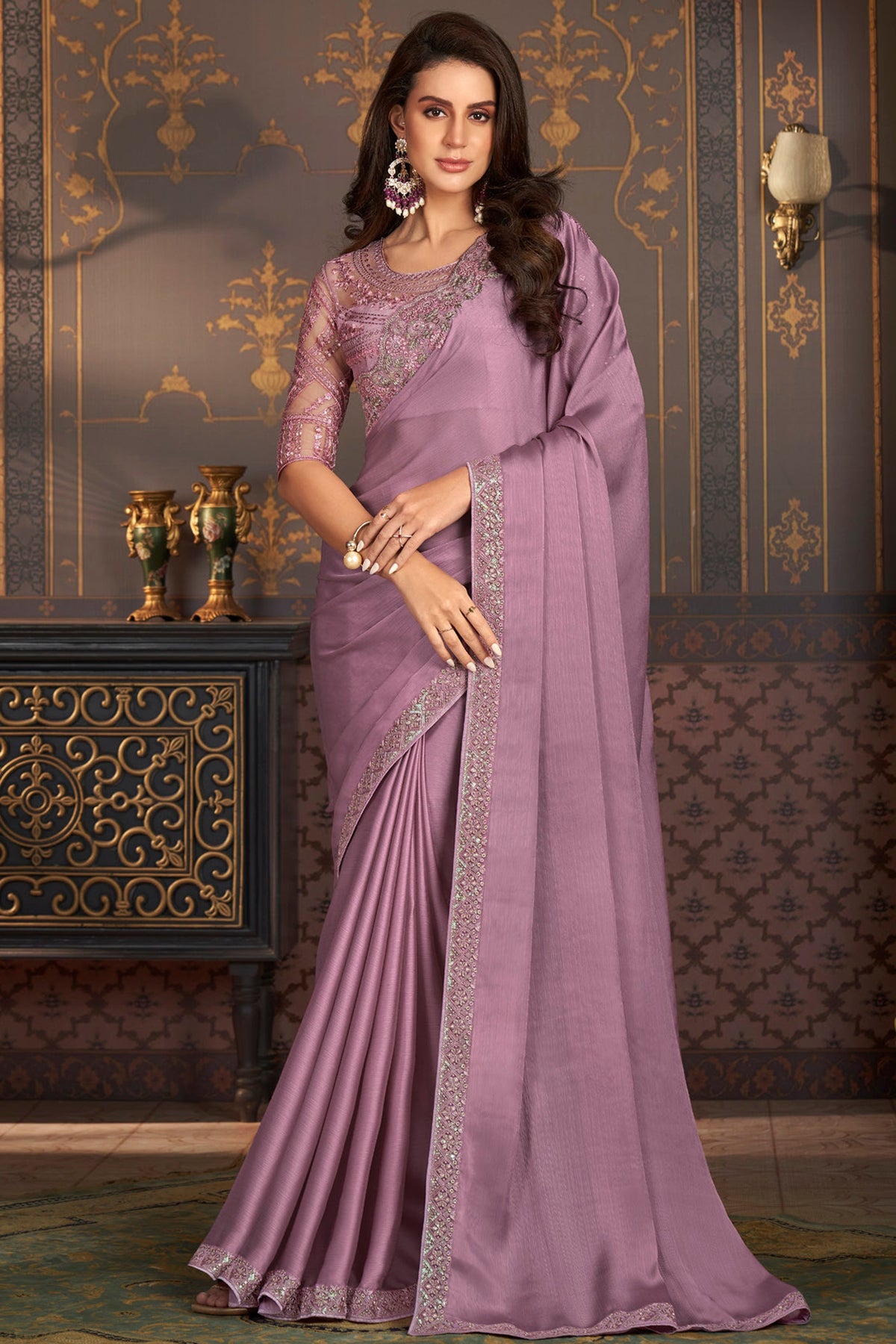 Larissa Bonesi Traditional Border Work Lavender Color Saree In Satin Silk Fabric