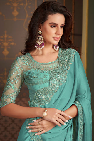 Larissa Bonesi Satin Silk Fabric Cyan Color Elegant Border Work Saree