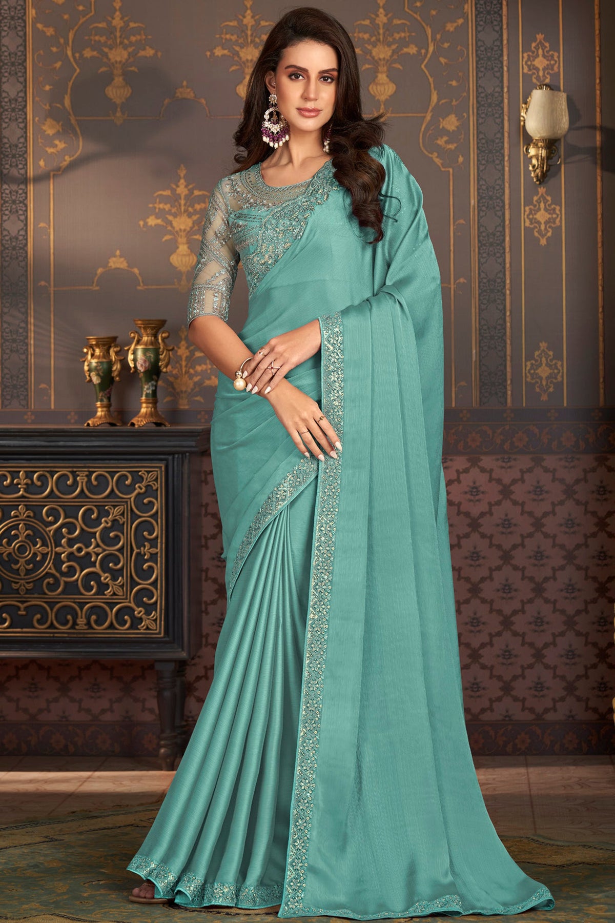 Larissa Bonesi Satin Silk Fabric Cyan Color Elegant Border Work Saree