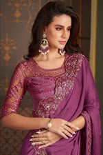 Load image into Gallery viewer, Larissa Bonesi Purple Color Satin Silk Fabric Ravishing Border Work Saree
