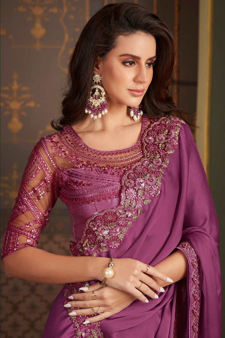 Larissa Bonesi Purple Color Satin Silk Fabric Ravishing Border Work Saree