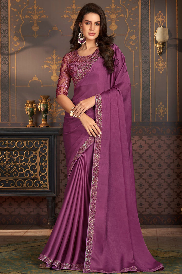 Larissa Bonesi Purple Color Satin Silk Fabric Ravishing Border Work Saree