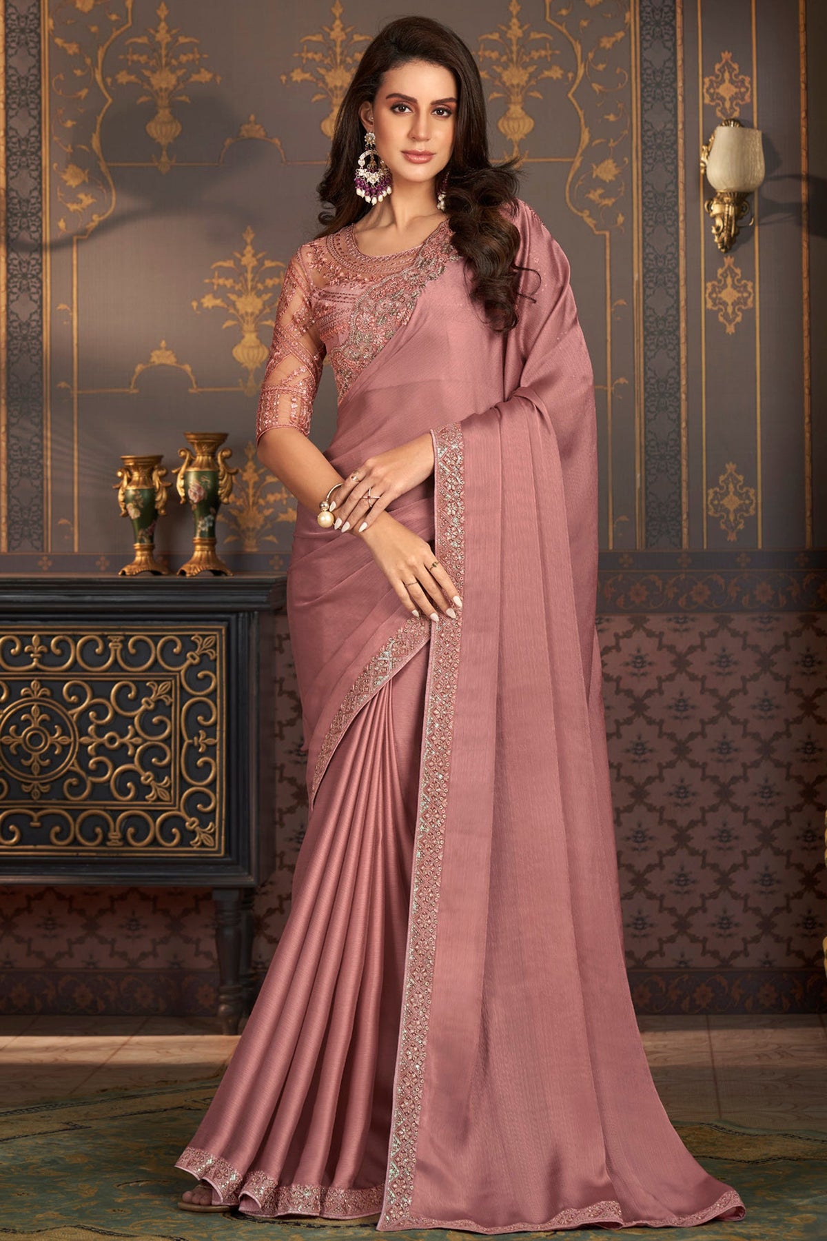 Larissa Bonesi Peach Color Satin Silk Fabric Enticing Border Work Saree