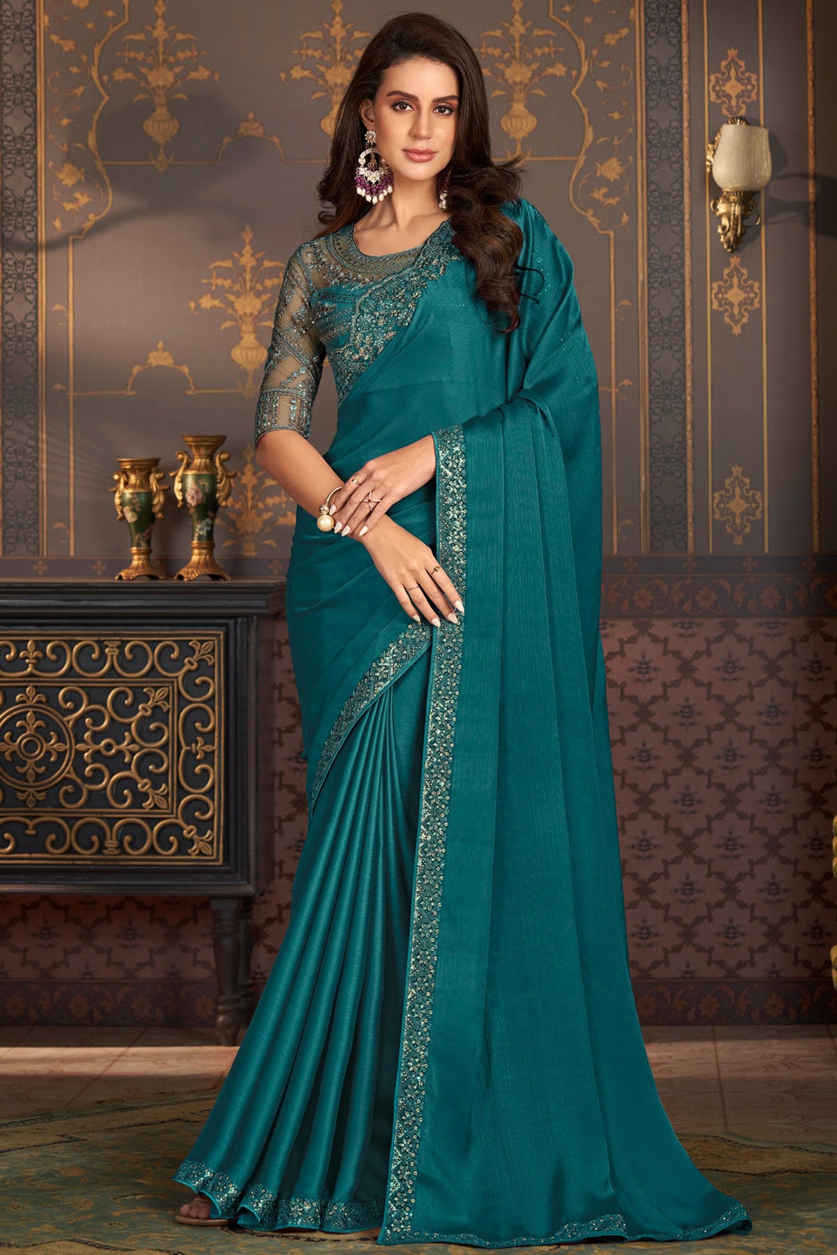 Larissa Bonesi Satin Silk Fabric Teal Color Fantastic Border Work Saree