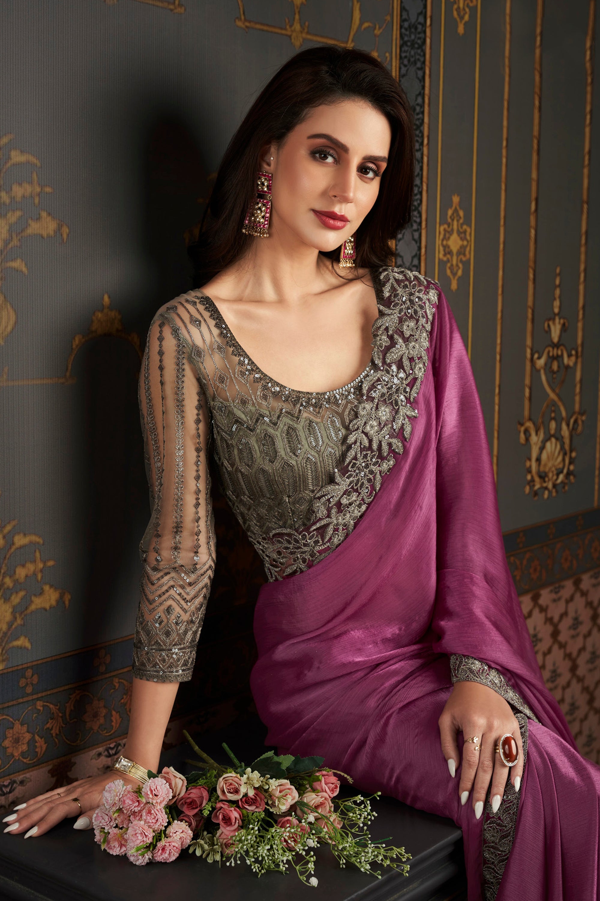 Larissa Bonesi Chiffon Silk Wine Color Phenomenal Saree With Border Work