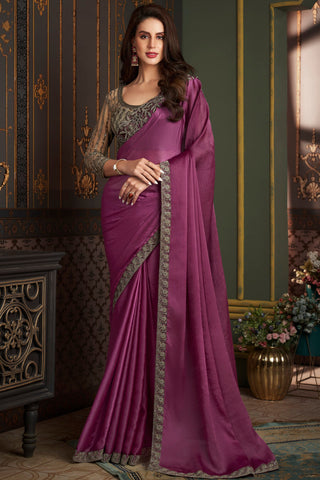 Larissa Bonesi Chiffon Silk Wine Color Phenomenal Saree With Border Work