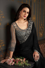 Load image into Gallery viewer, Larissa Bonesi Chiffon Silk Black Color Magnificent Saree With Border Work
