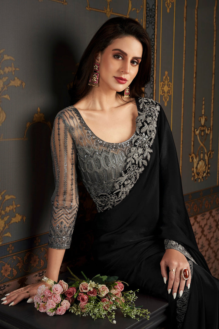 Larissa Bonesi Chiffon Silk Black Color Magnificent Saree With Border Work
