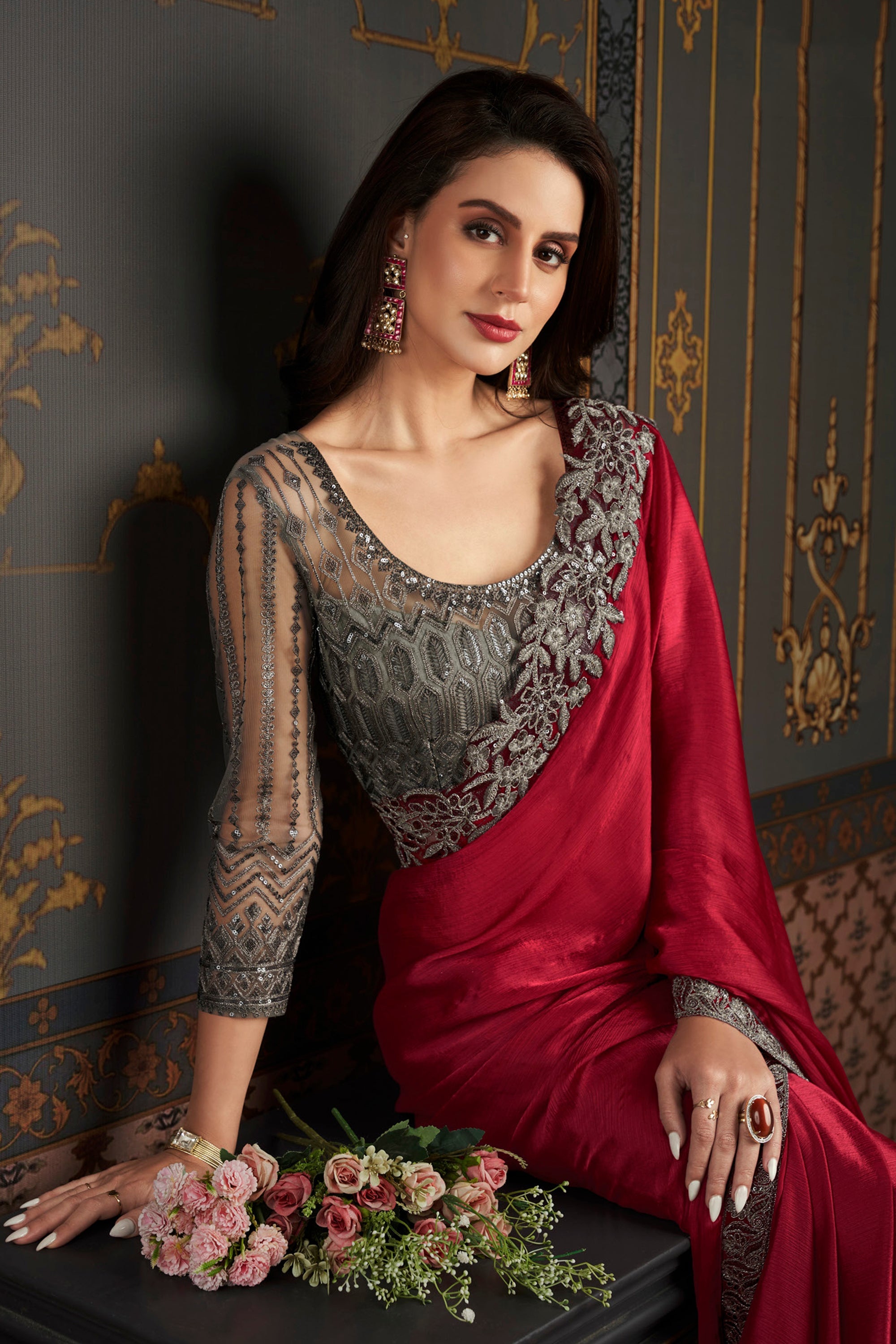 Larissa Bonesi Red Color Chiffon Silk Luminous Saree With Border Work