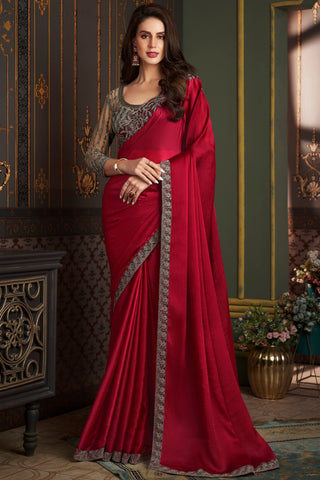 Larissa Bonesi Red Color Chiffon Silk Luminous Saree With Border Work