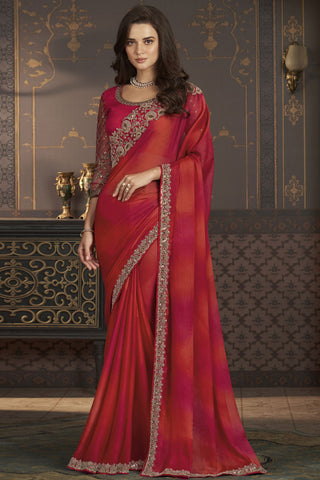 Peach Color Chiffon Silk Fabric Special Sangeet Wear Saree With Border Work