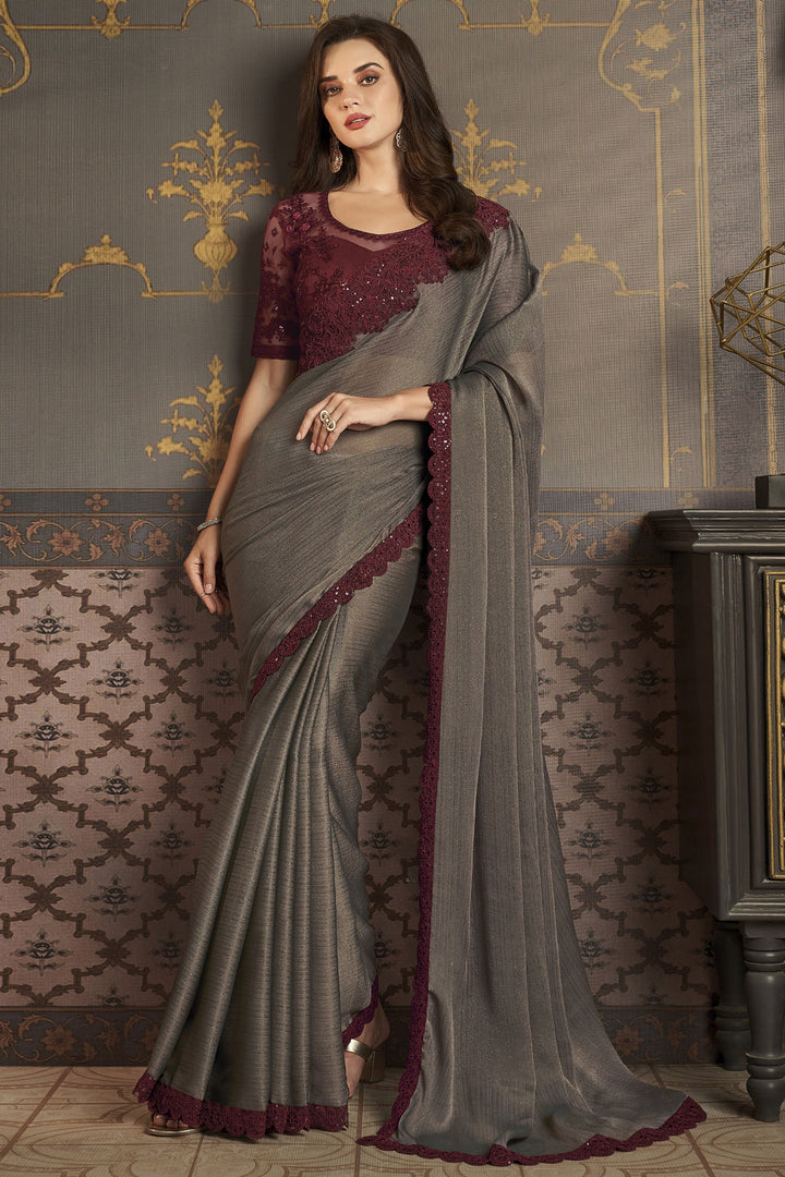 Art Silk Fabric Dark Beige Color Riveting Sangeet Wear Saree With Border Work