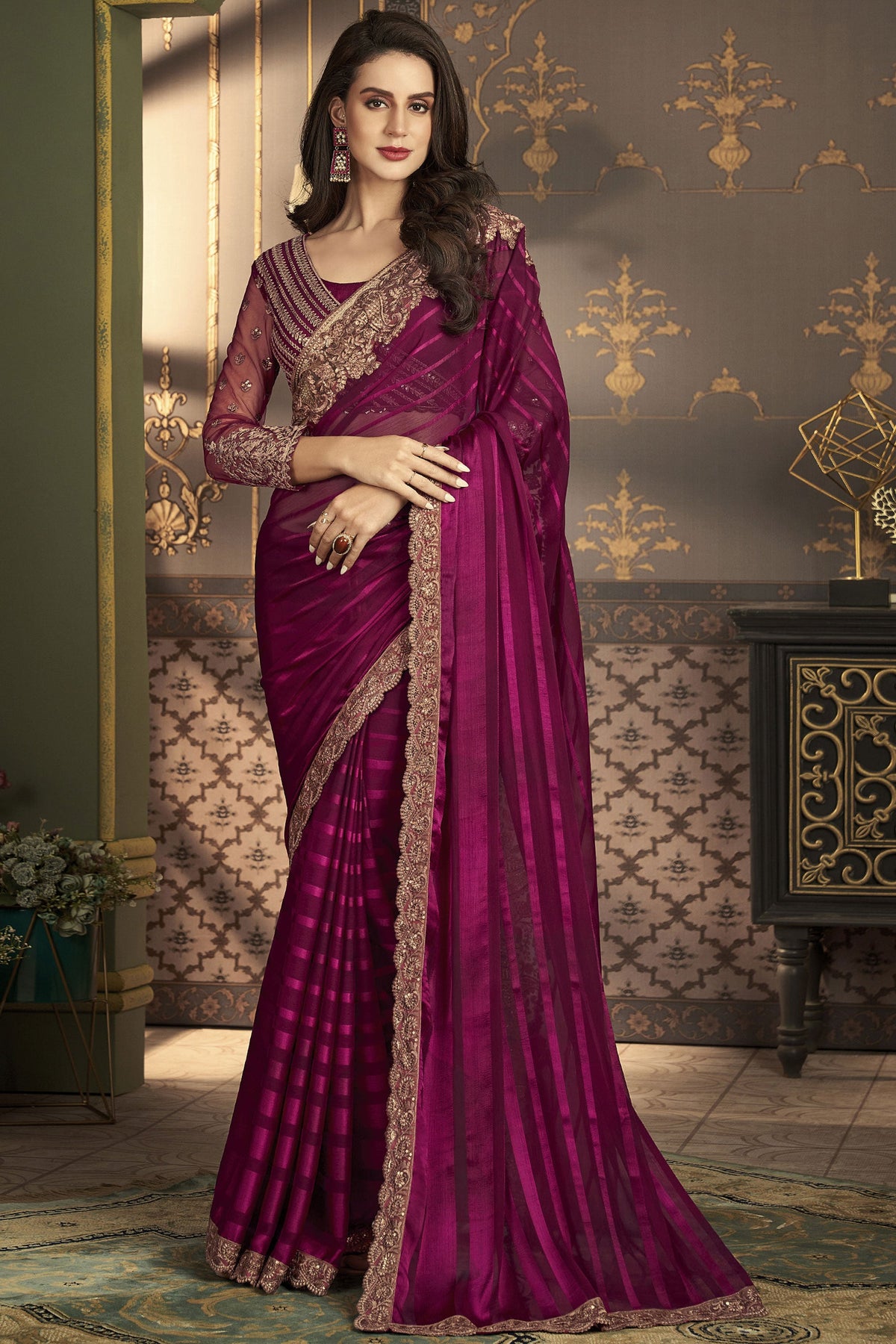 Art Silk Fabric Burgundy Color Excellent Sangeet Wear Saree With Border Work