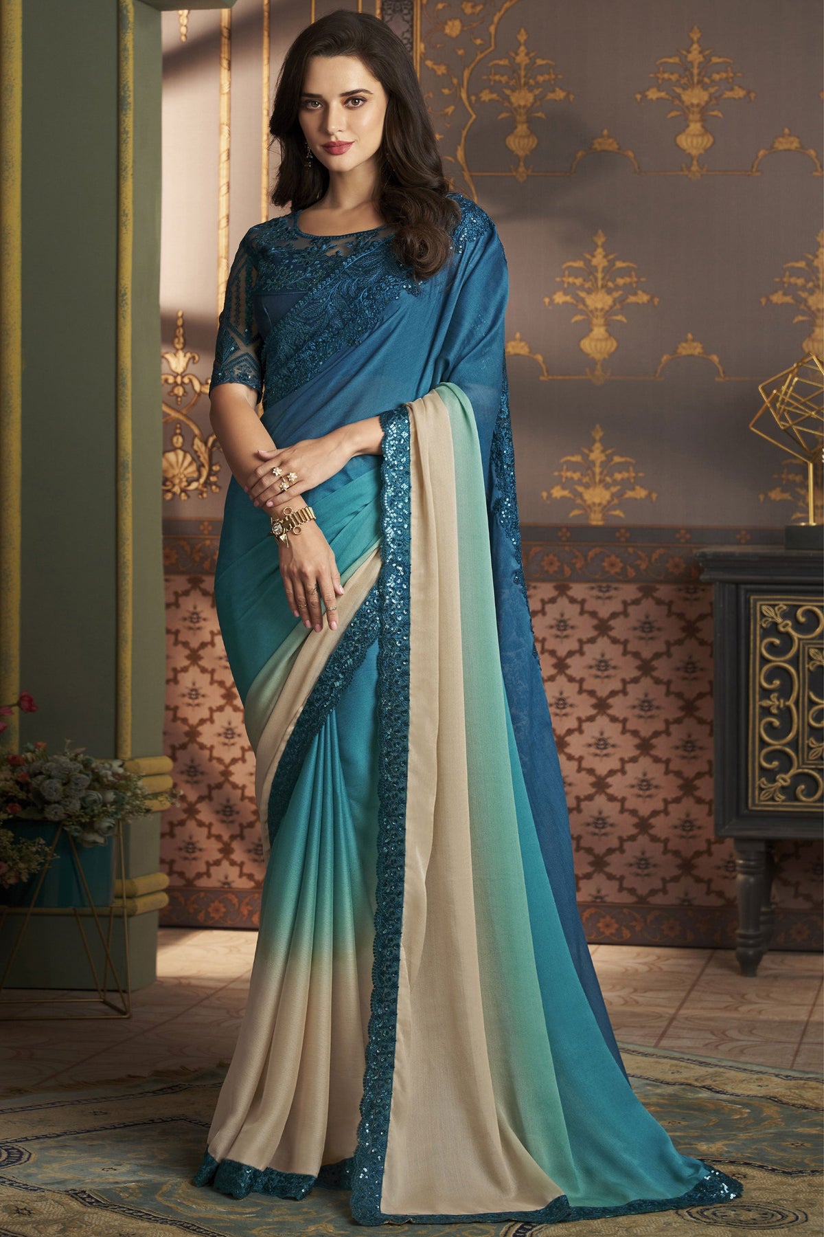 Border Work On Cyan Color Art Silk Fabric Princely Sangeet Wear Saree