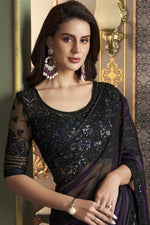 Load image into Gallery viewer, Satin Silk Fabric Black Color Patterned Sangeet Wear Saree With Border Work
