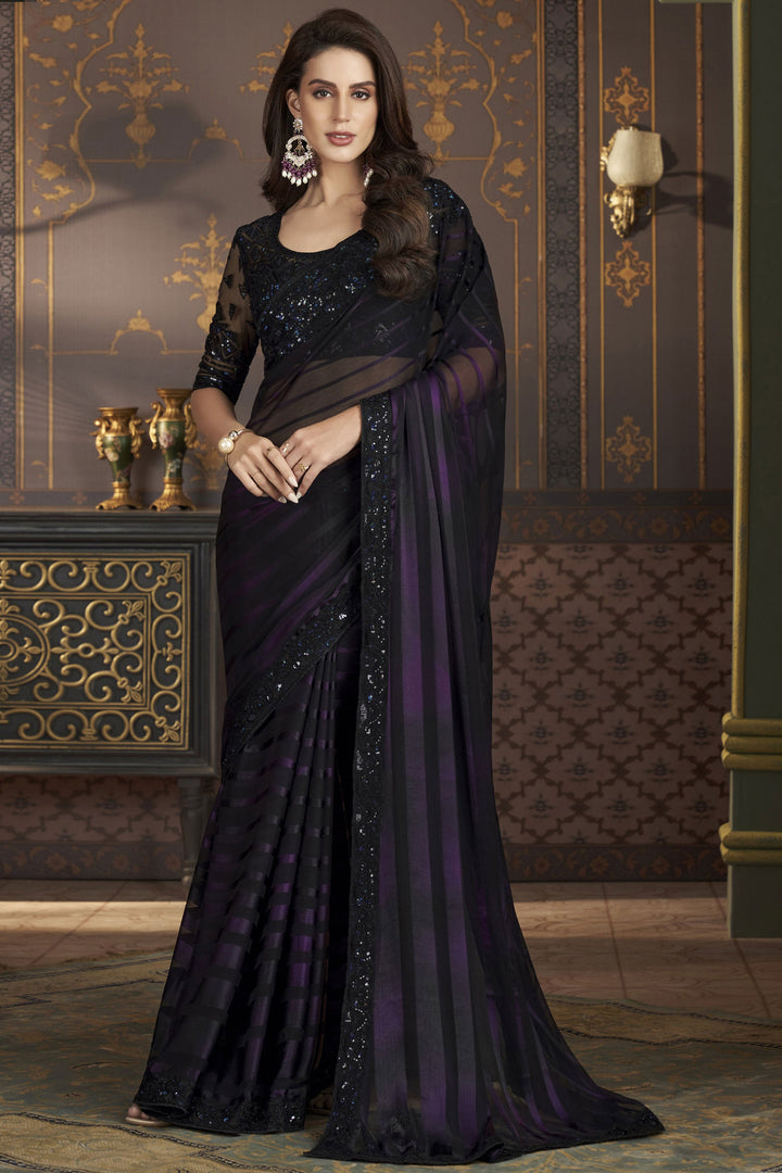 Satin Silk Fabric Black Color Patterned Sangeet Wear Saree With Border Work