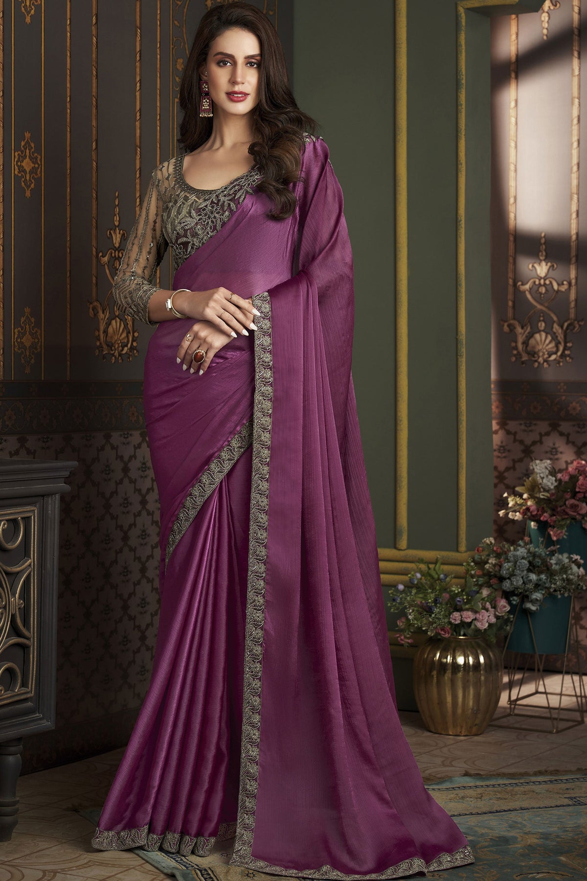 Beguiling Border Work On Wine Color Chiffon Silk Fabric Sangeet Wear Saree