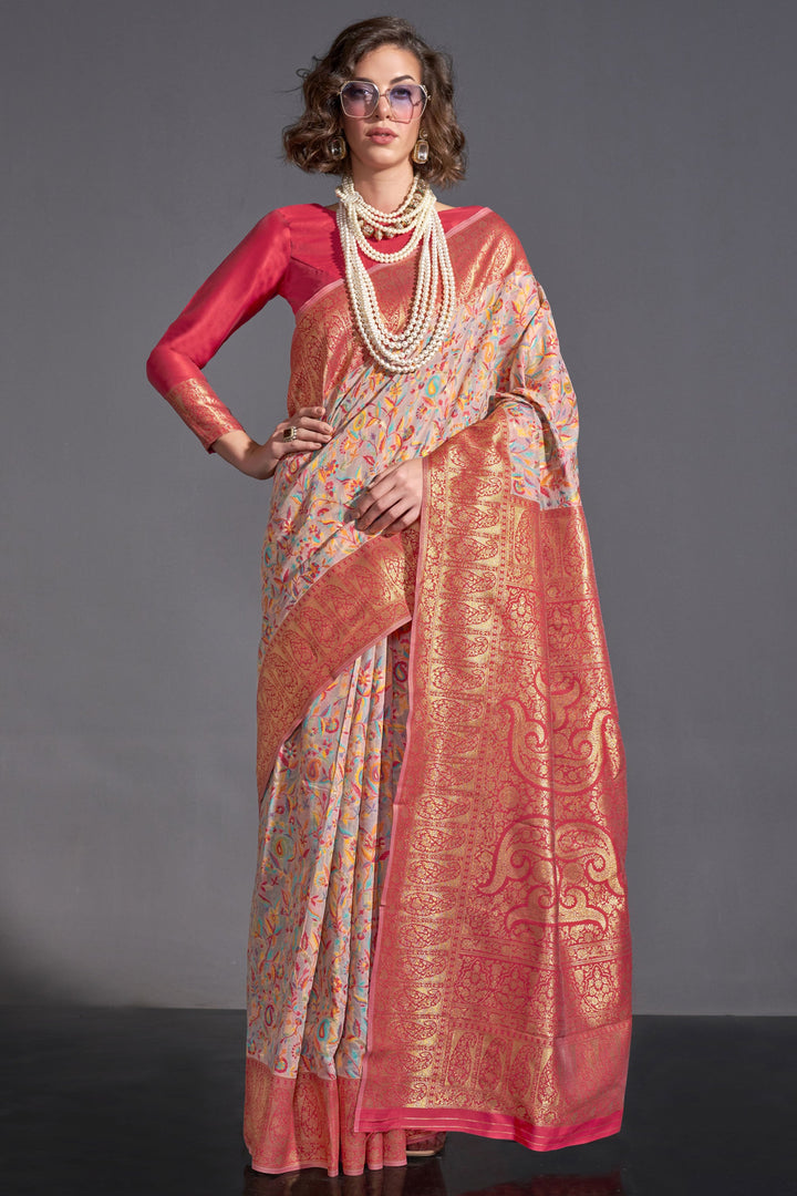 Art Silk Fabric Peach Color Beatific Look Weaving Designs Saree