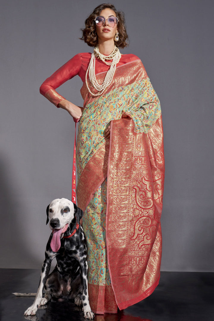 Art Silk Fabric Captivating Sea Green Color Weaving Designs Saree