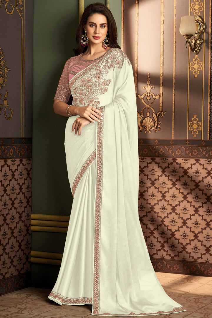 Soothing Border Work On Off White Color Art Silk Fabric Saree