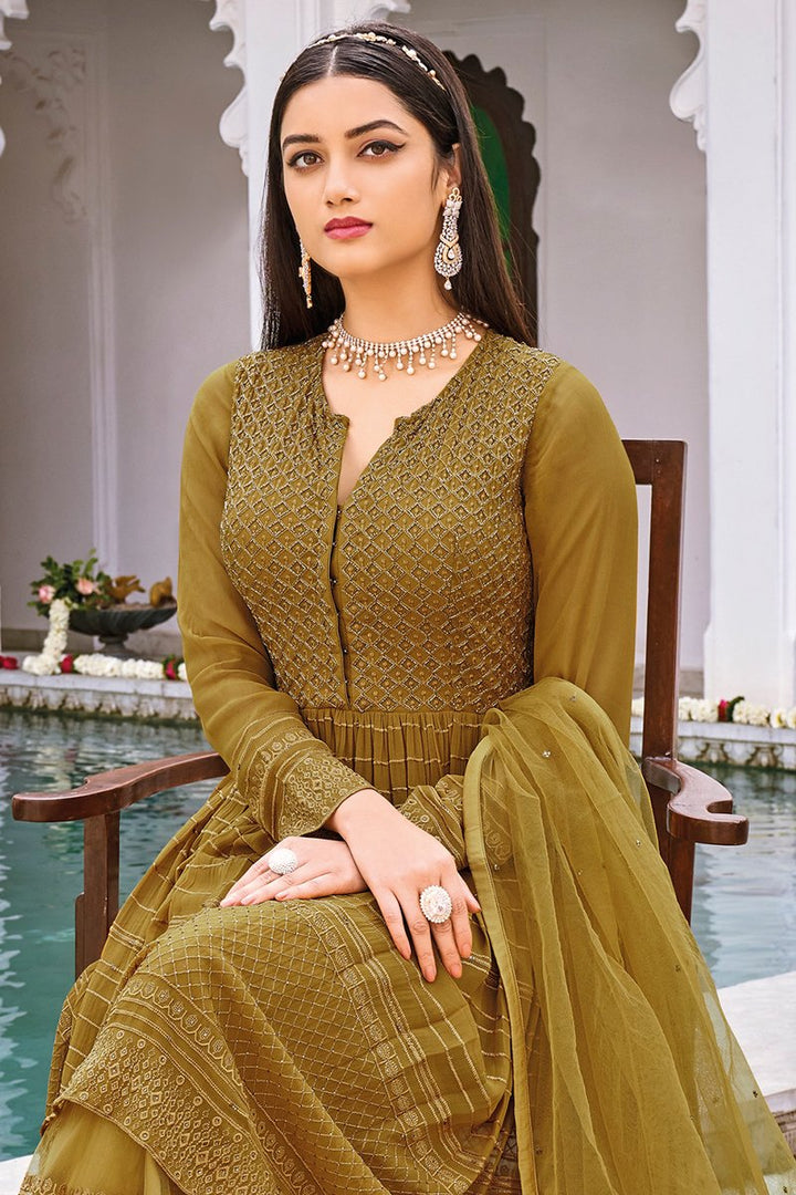 Mustard Color Georgette Fabric Function Wear Embroidered Sharara Suit