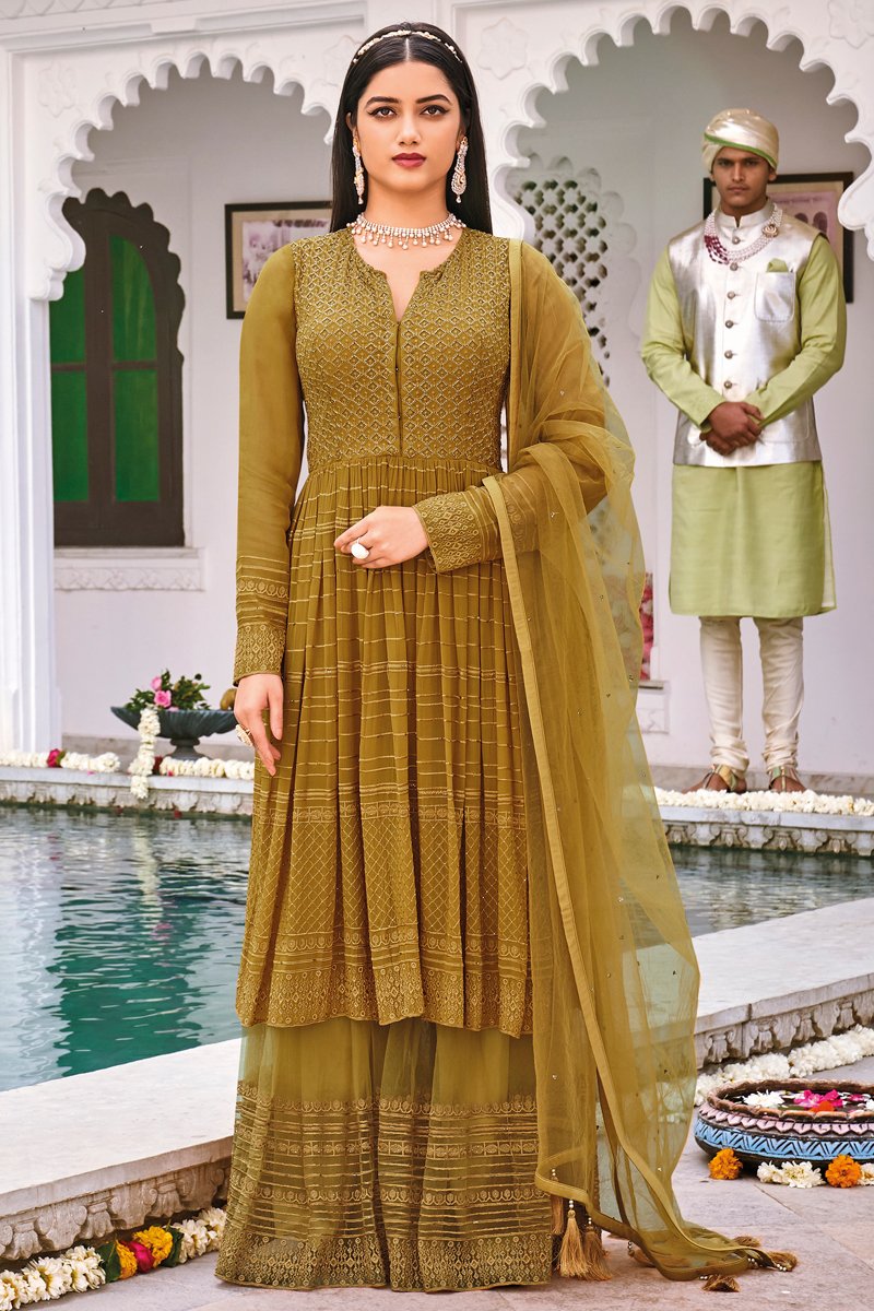 Mustard Color Georgette Fabric Function Wear Embroidered Sharara Suit