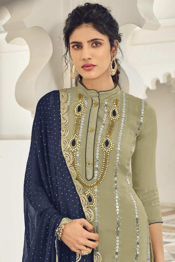 Beige Color Festive Wear Embroidered Georgette Palazzo Suit