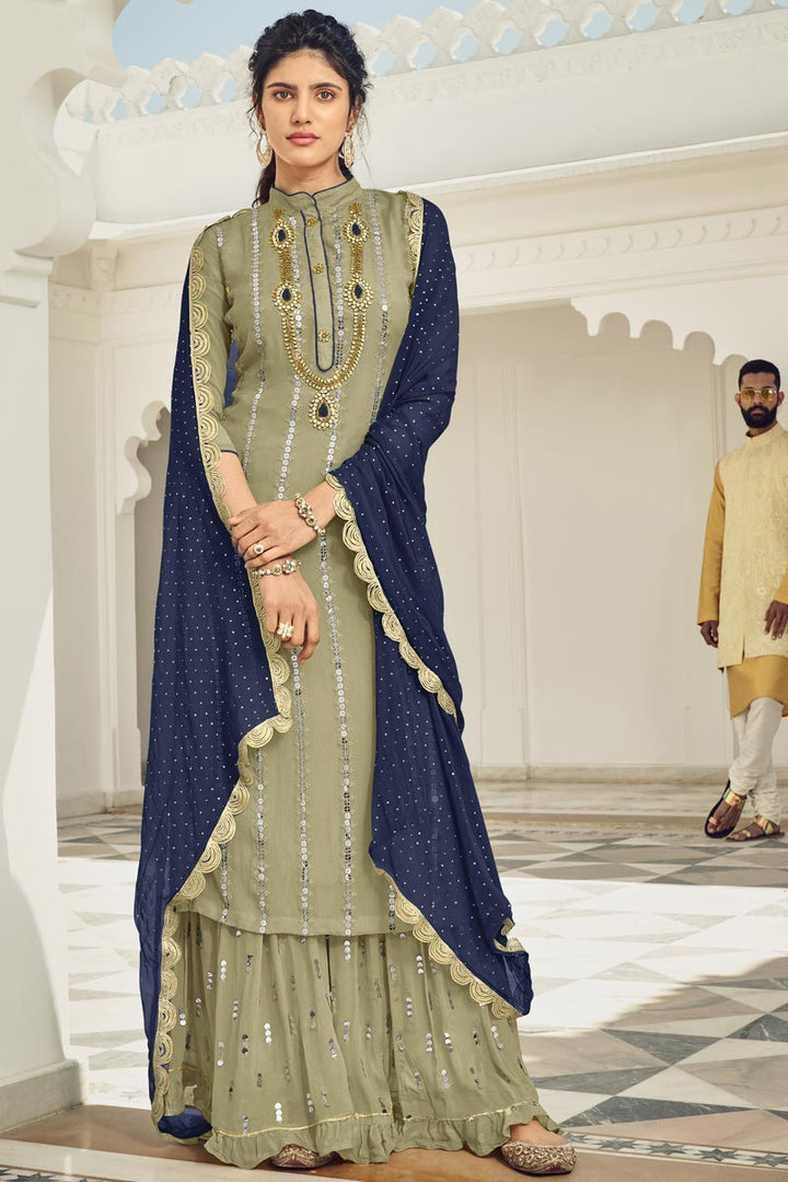 Beige Color Festive Wear Embroidered Georgette Palazzo Suit