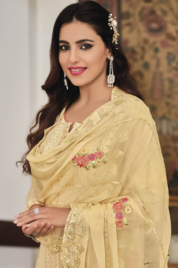 Yellow Color Festive Wear Embroidered Chinon Fabric Palazzo Suit