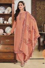 Load image into Gallery viewer, Peach Color Party Wear Embroidered Chinon Fabric Palazzo Dress
