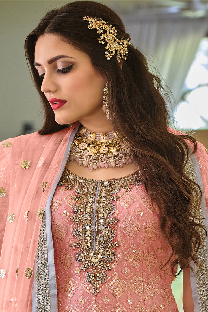 Georgette Fabric Wedding Wear Embroidered Palazzo Suit In Peach Color