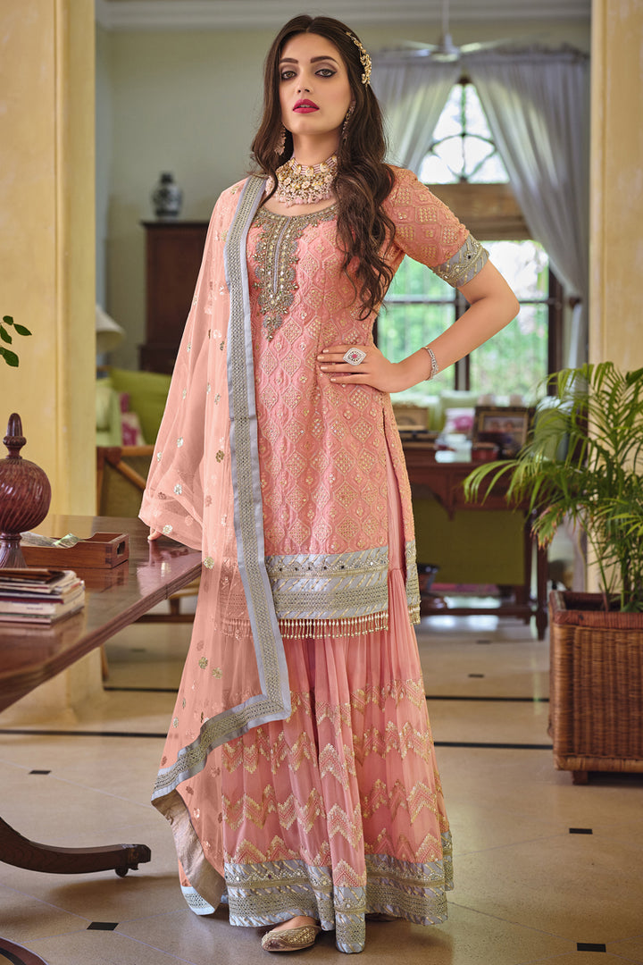 Georgette Fabric Wedding Wear Embroidered Palazzo Suit In Peach Color