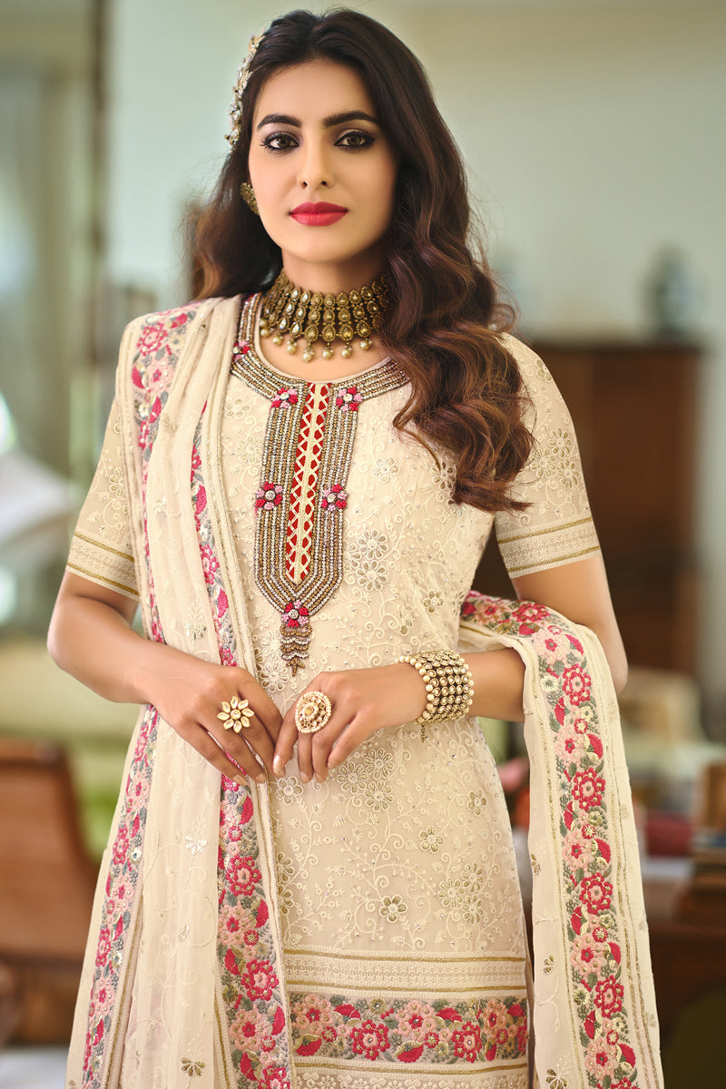 Beige Color Georgette Fabric Fancy Embroidered Function Wear Palazzo Suit