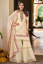 Load image into Gallery viewer, Beige Color Georgette Fabric Fancy Embroidered Function Wear Palazzo Suit
