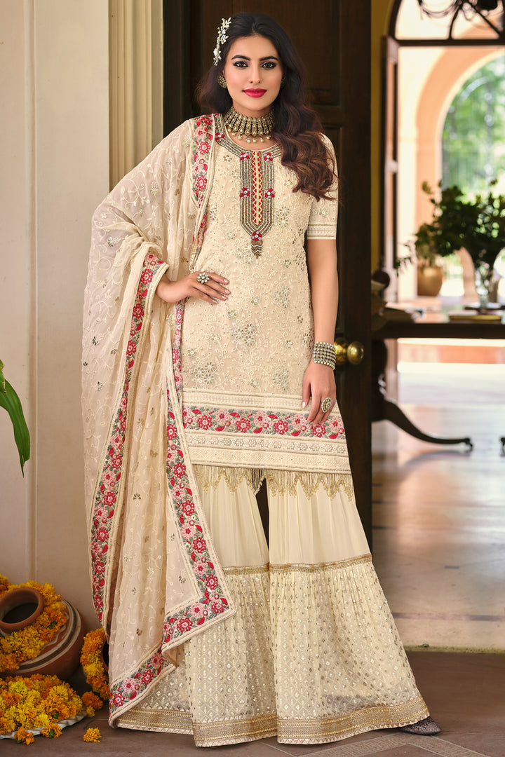 Beige Color Georgette Fabric Fancy Embroidered Function Wear Palazzo Suit