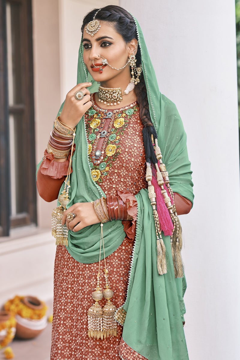 Brown Color Sangeet Wear Fancy Thread Embroidered Palazzo Suit