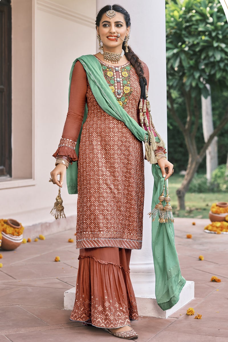 Brown Color Sangeet Wear Fancy Thread Embroidered Palazzo Suit
