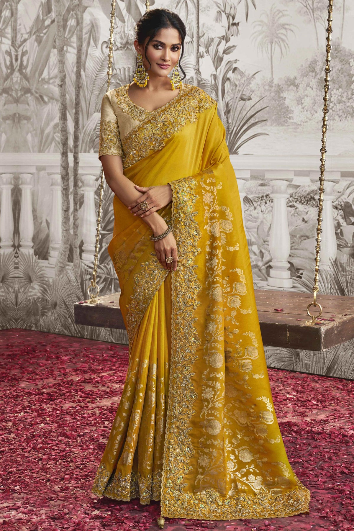 Appealing Heavy Embroidery Work Fancy Fabric Yellow Saree With Party Look Blouse