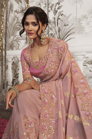 Marvelous Heavy Embroidery Work Fancy Fabric Pink Saree With Party Look Blouse