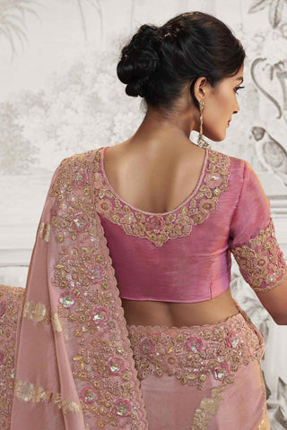 Marvelous Heavy Embroidery Work Fancy Fabric Pink Saree With Party Look Blouse