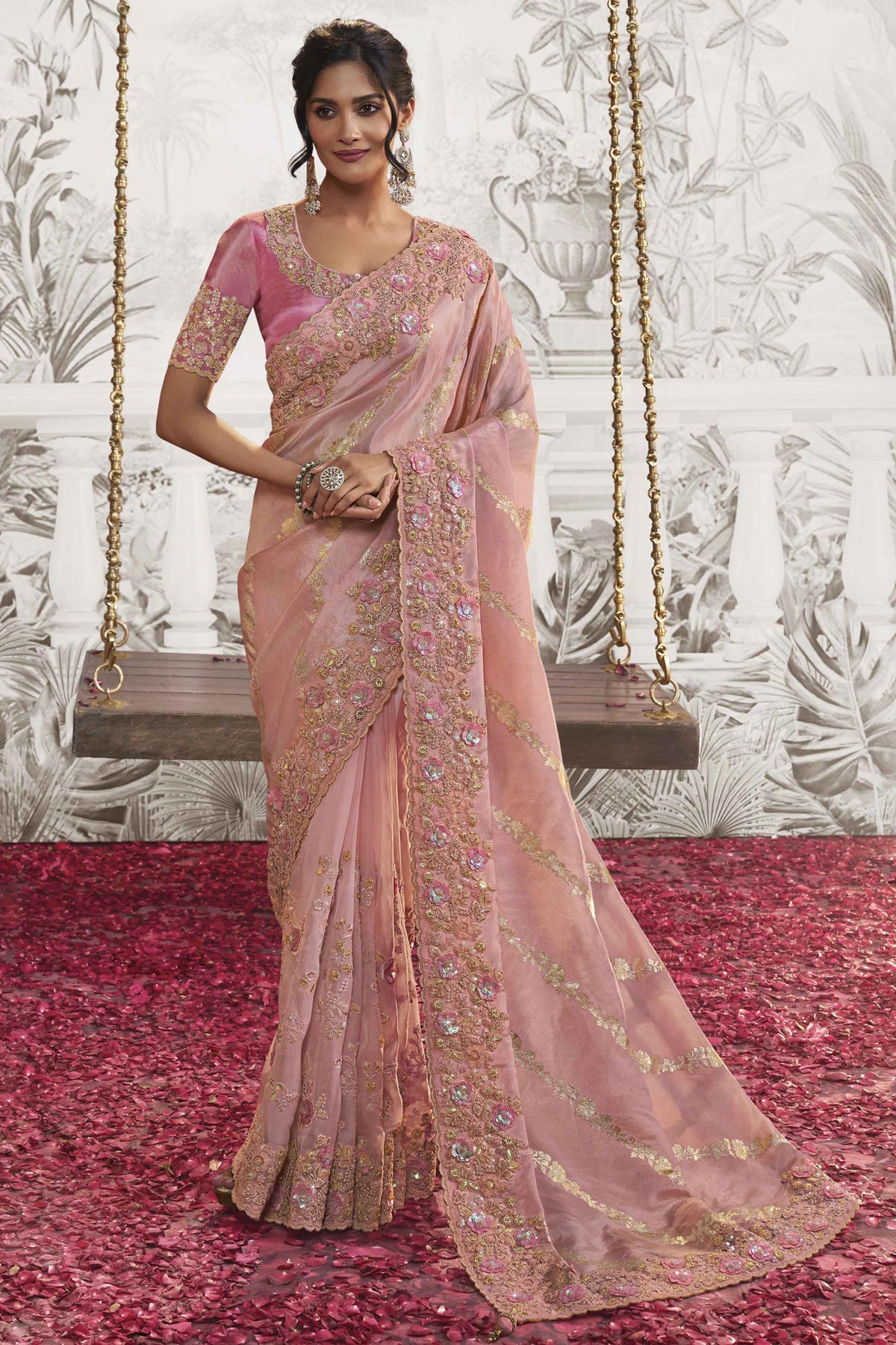 Marvelous Heavy Embroidery Work Fancy Fabric Pink Saree With Party Look Blouse